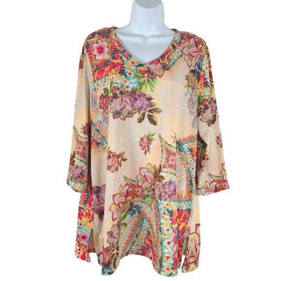 Soft Surroundings Top Large‎ Floral Paisley V-Neck 3/4 Sleeve Multicolor TP-2864 - Picture 1 of 8